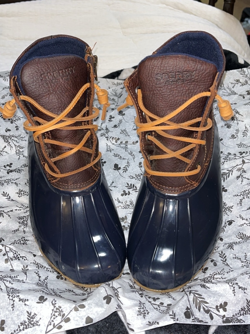 Sperry Navy and Brown Waterproof Duck Boots with Tan Laces